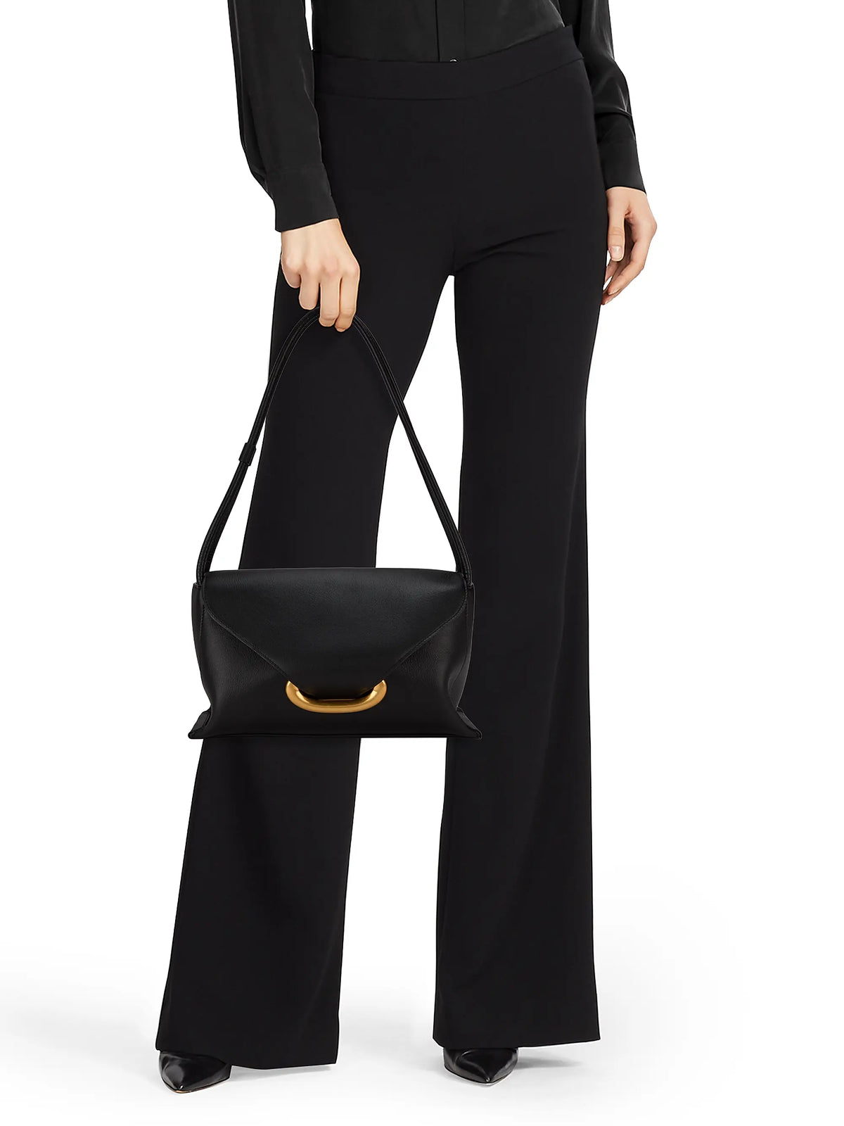Black Smooth Leather Flap Bag – Gold Hardware Minimal Daily Shoulder Bag