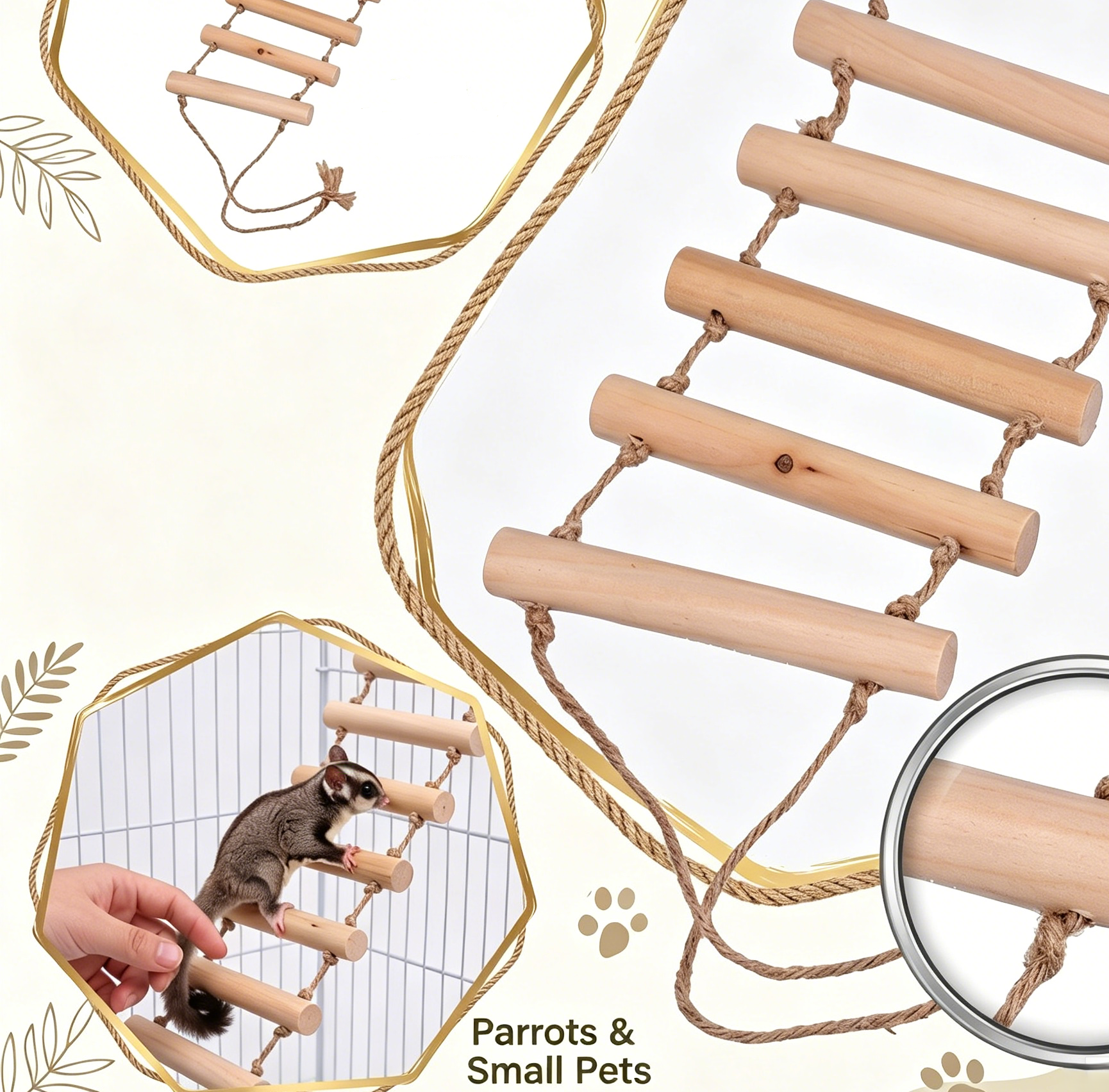 Parrot Wooden Climbing Ladder Rope Suspended Swing Chew Play Sets for Sugar Glider Squirrel Small Pet Cage Accessory 1 Pack