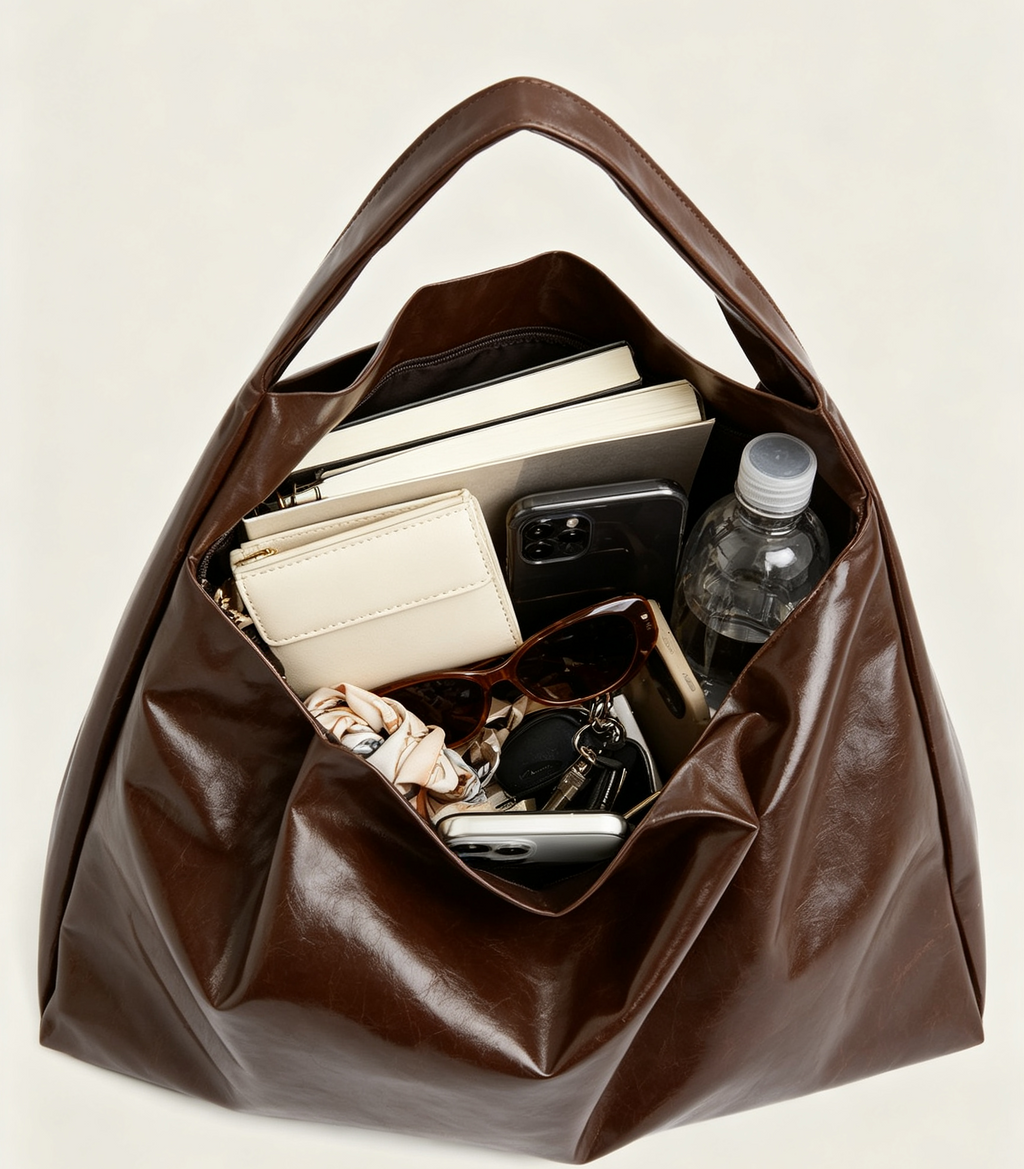 Glossy Chocolate Faux Leather Triangle Bag – Multi-way Daily Shoulder Bag