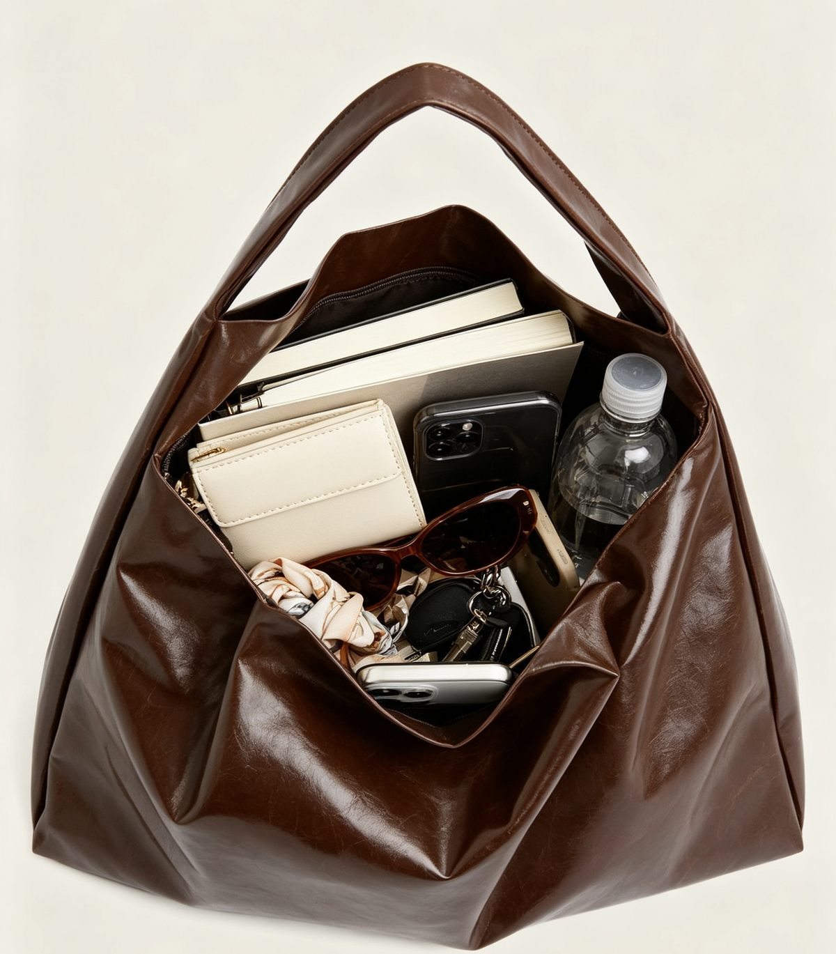 Glossy Chocolate Faux Leather Triangle Bag – Multi-way Daily Shoulder Bag