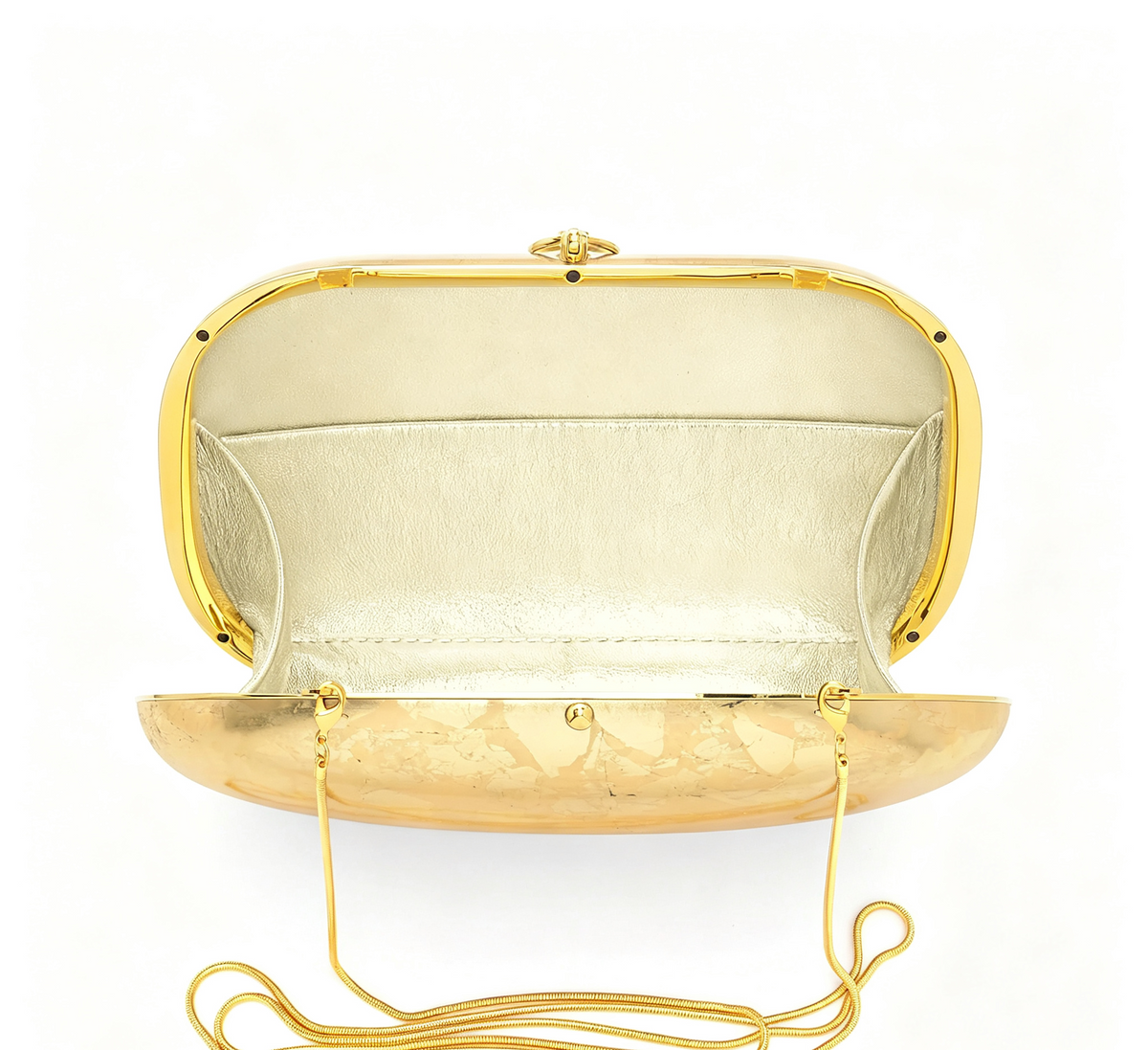 Oval Polished Gold Clutch, Leather Interior Gala Bag