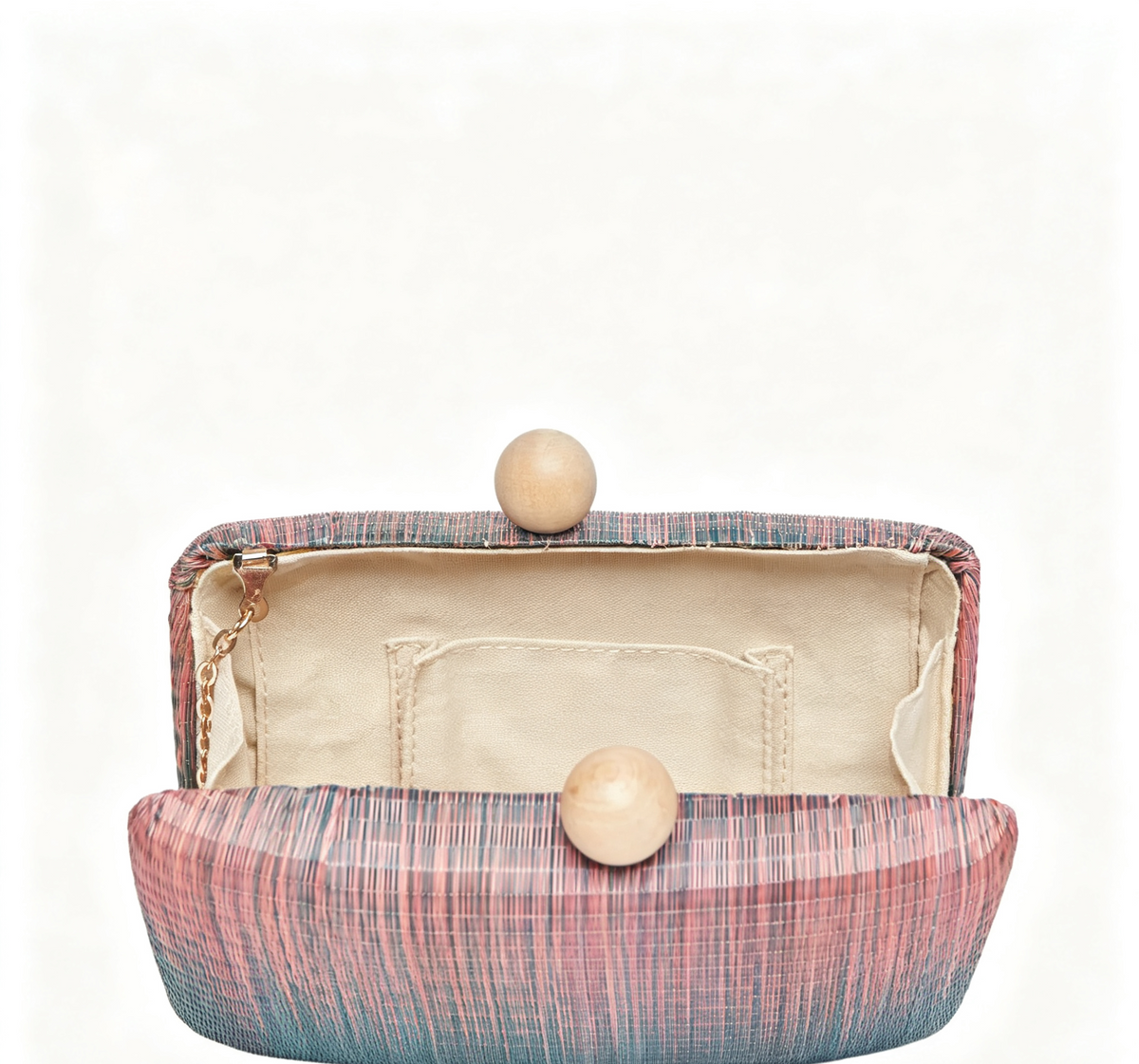 Ombre Pink Blue Woven Clutch Bag with Wooden Ball Clasp for Daily & Party Matches