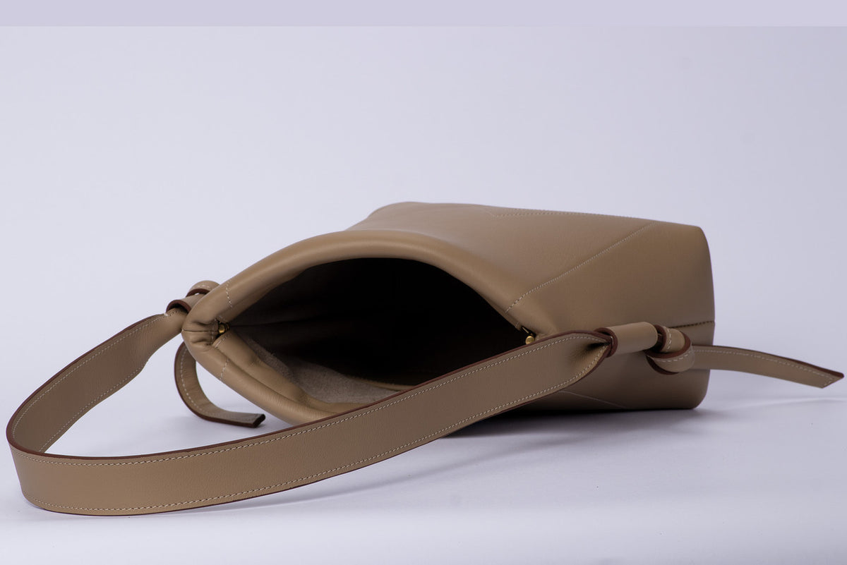 Beige Knotted Leather Crossbody Bag – Asymmetrical Structured Daily Carry Bag