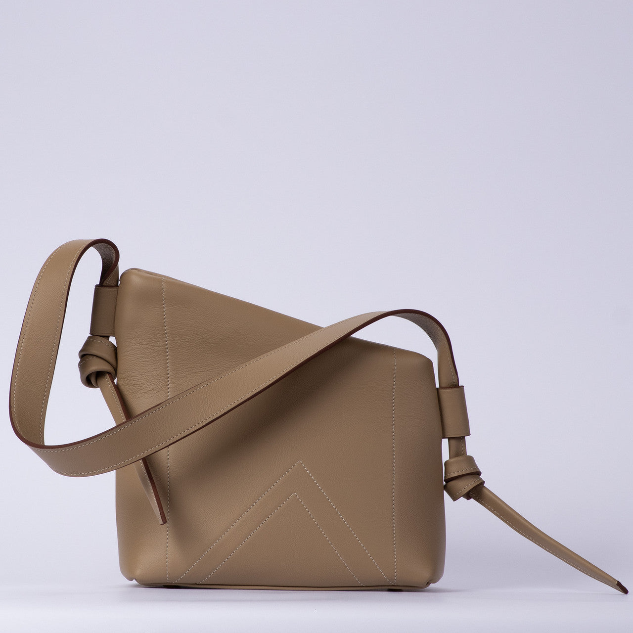Beige Knotted Leather Crossbody Bag – Asymmetrical Structured Daily Carry Bag