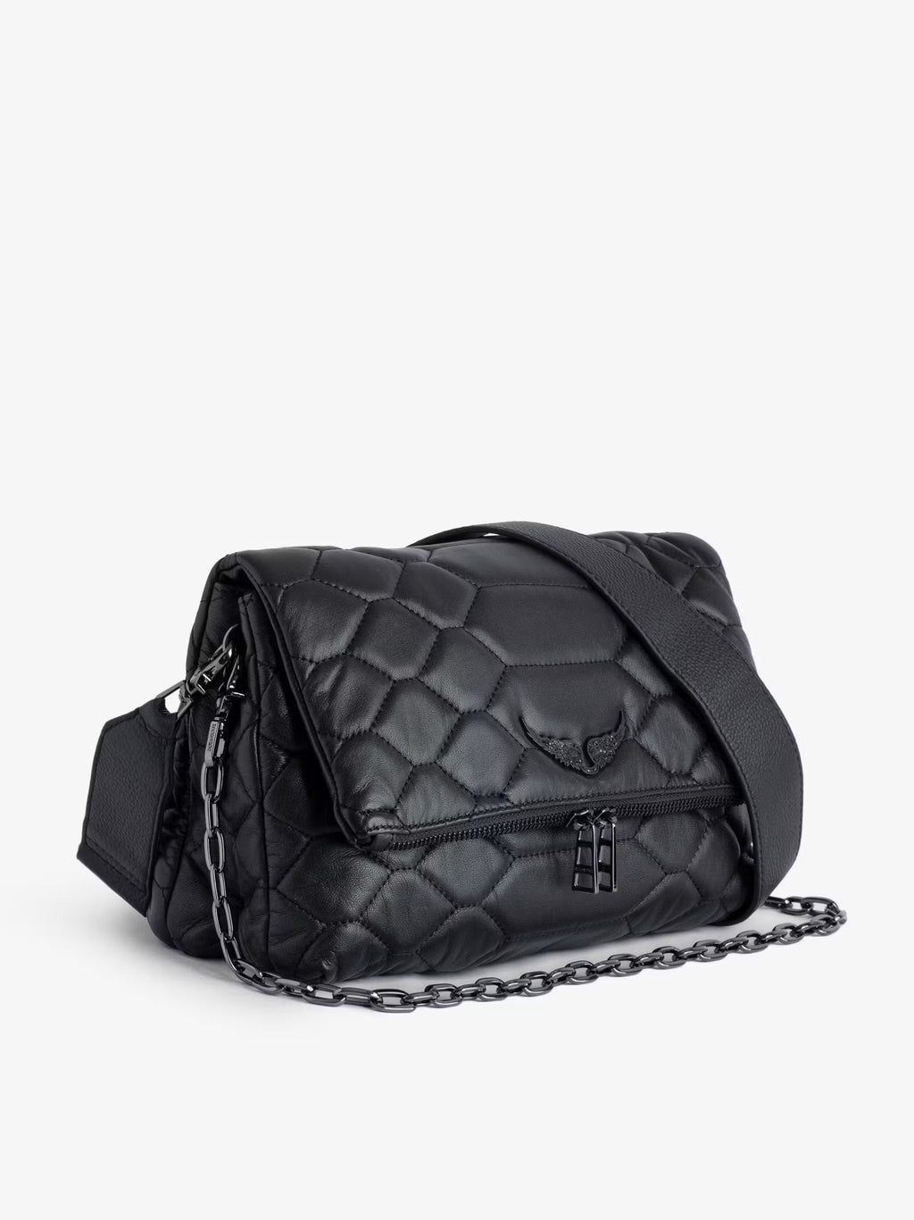 Black Hexagonal Quilted Leather Bag – Dual-Strap Convertible Daily Crossbody Bag