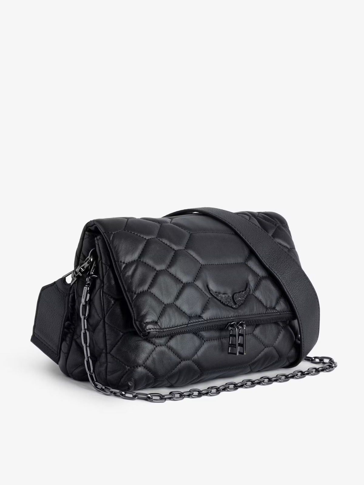 Black Hexagonal Quilted Leather Bag – Dual-Strap Convertible Daily Crossbody Bag
