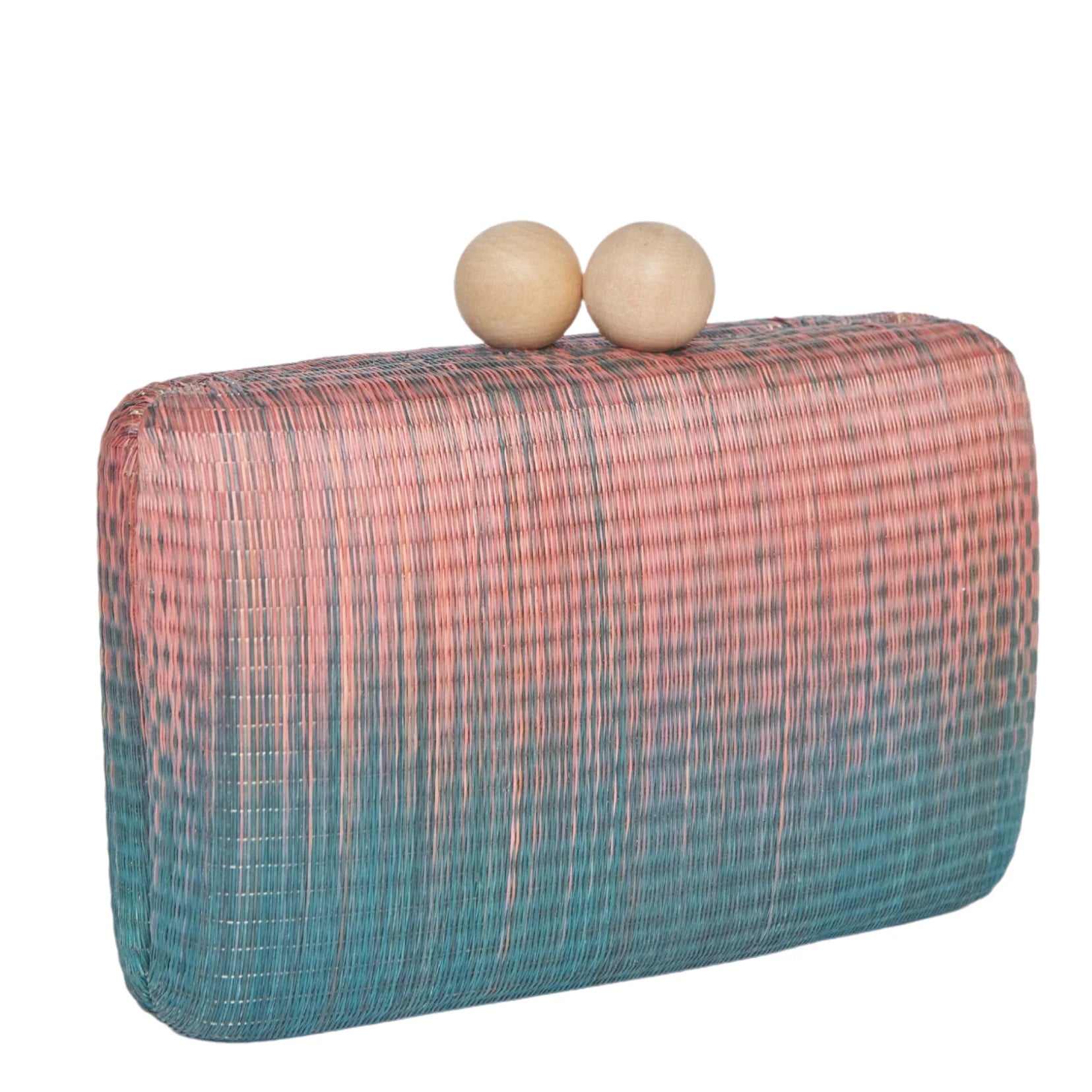 Ombre Pink Blue Woven Clutch Bag with Wooden Ball Clasp for Daily & Party Matches