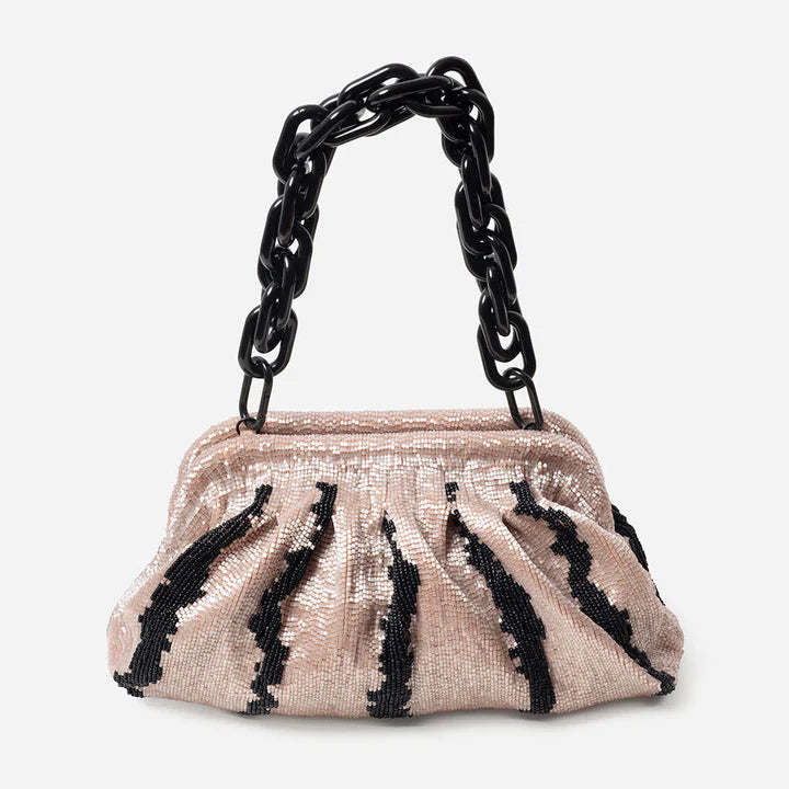 Ruched Beaded Blush Pink Bag, Leather Tabs Black Chain Clutch