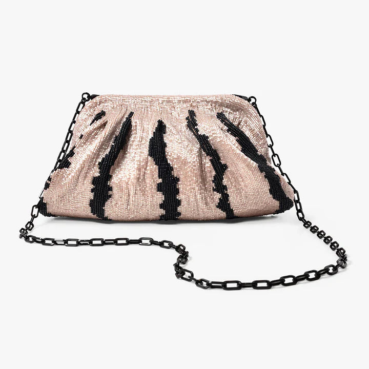 Ruched Beaded Blush Pink Bag, Leather Tabs Black Chain Clutch