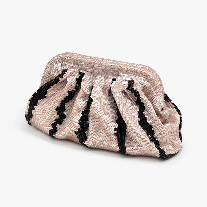Ruched Beaded Blush Pink Bag, Leather Tabs Black Chain Clutch