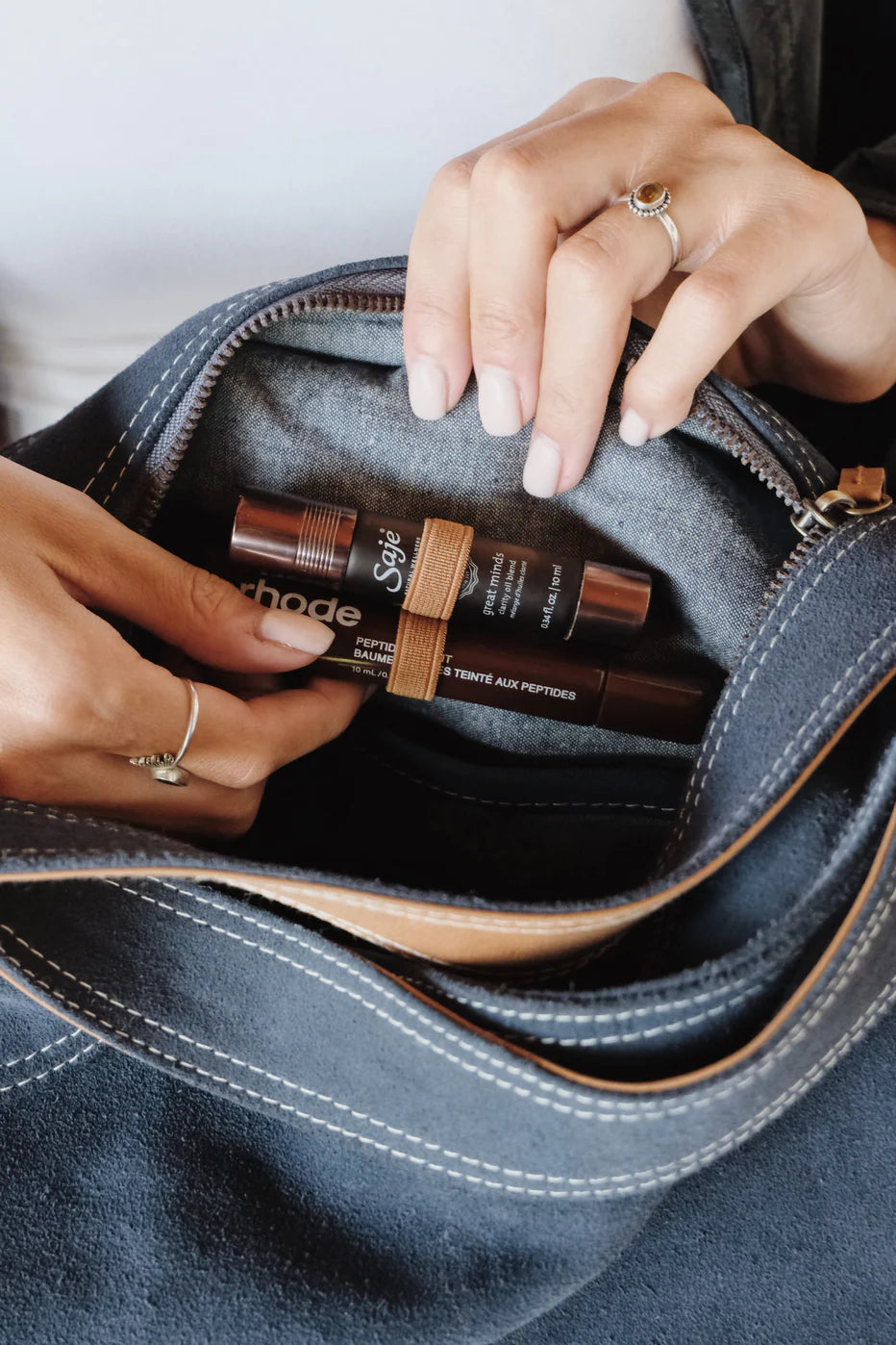 Denim Blue Leather-Trimmed Tote Bag - Convertible Everyday Casual