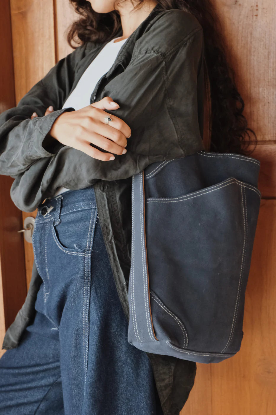 Denim Blue Leather-Trimmed Tote Bag - Convertible Everyday Casual