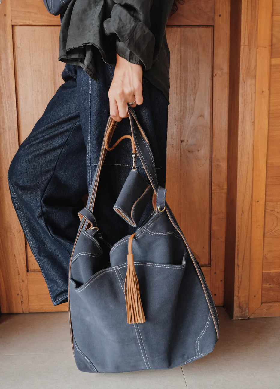 Denim Blue Leather-Trimmed Tote Bag - Convertible Everyday Casual