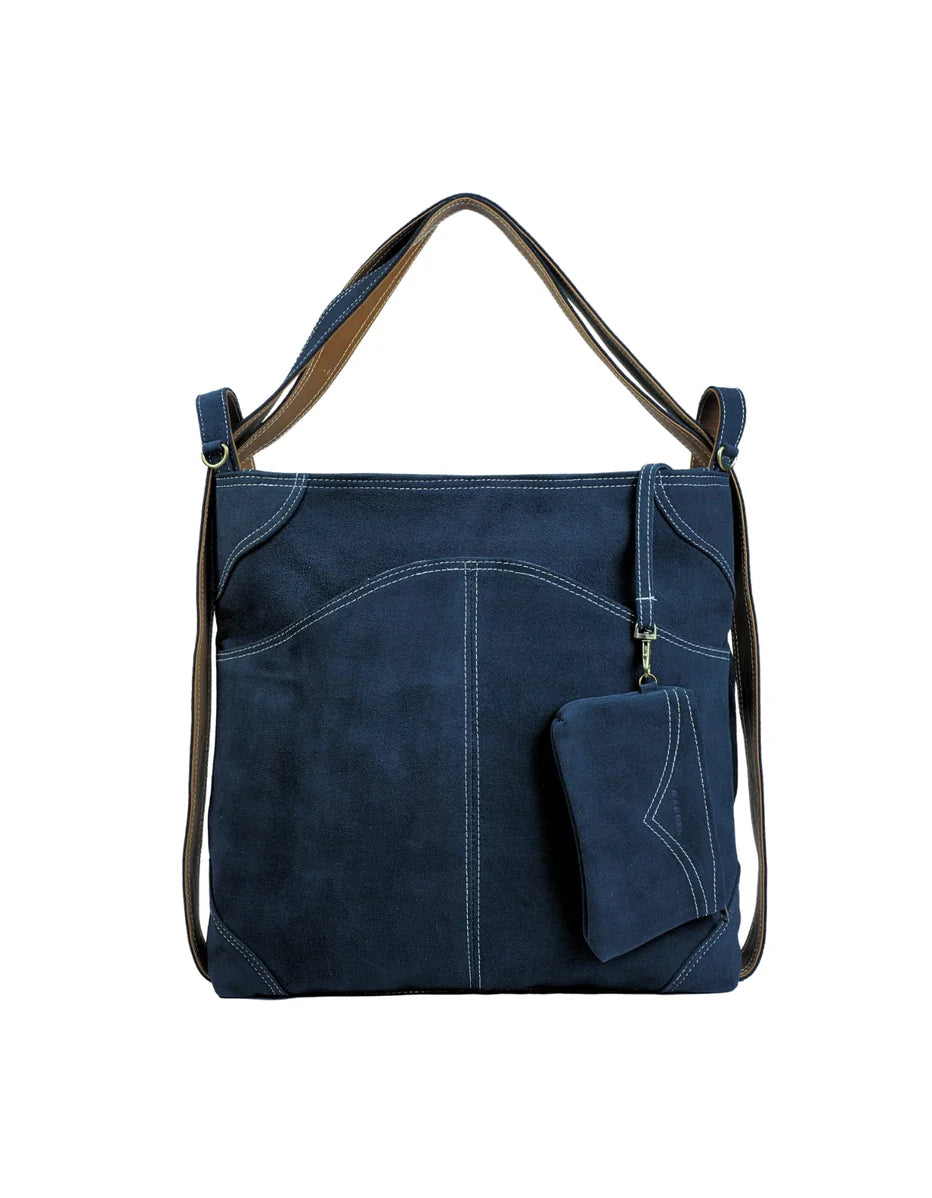 Denim Blue Leather-Trimmed Tote Bag - Convertible Everyday Casual
