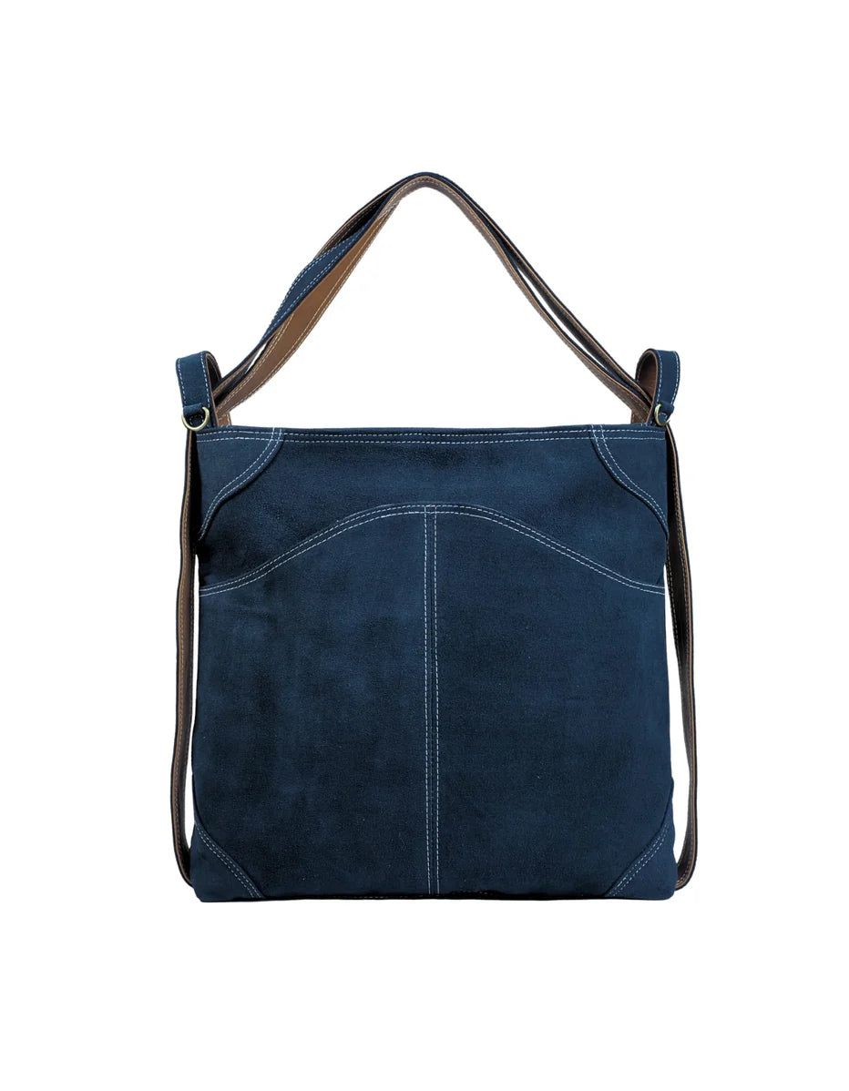 Denim Blue Leather-Trimmed Tote Bag - Convertible Everyday Casual