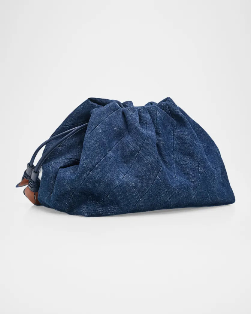 Deep Blue Floral Drawstring Clutch Bag - Soft Daily Matching Hand Bag