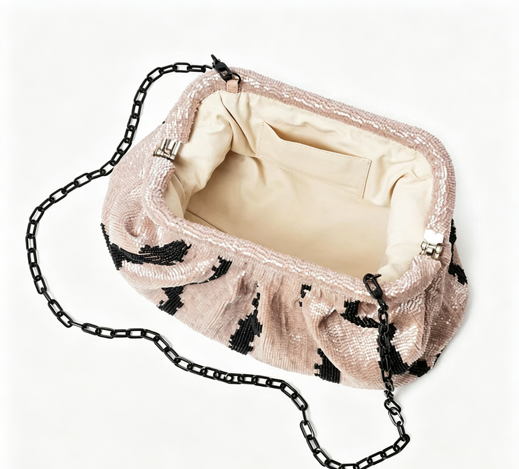 Ruched Beaded Blush Pink Bag, Leather Tabs Black Chain Clutch